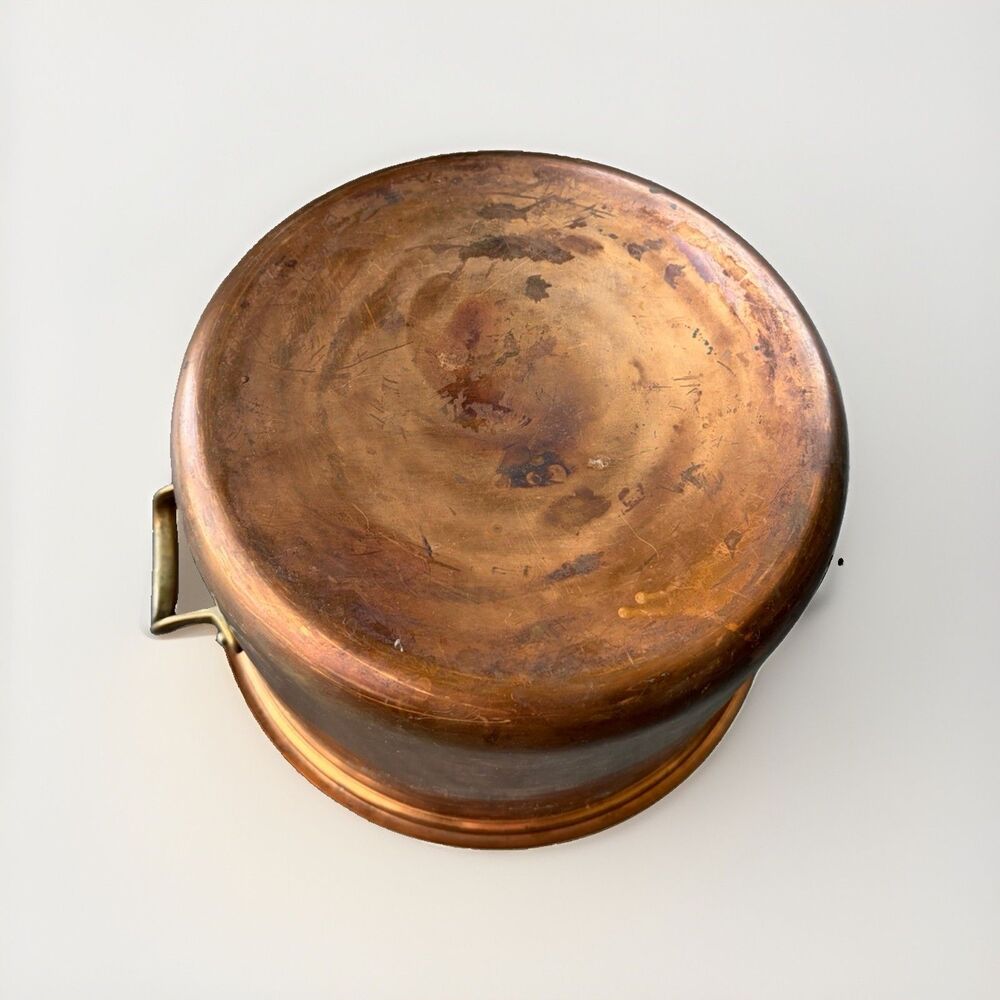 Vintage Copper Stock Pot Stainless Steel Lined Brass Handles 5.75" x 9.5" Patina - Picture 4 of 7